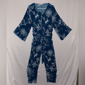 Olivaceous Navy Blue Tropical Print Jumpsuit